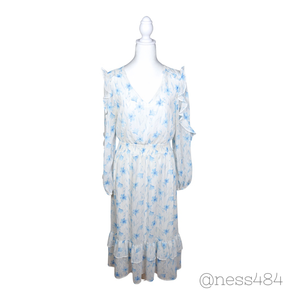 By‎ the River Floral Midi Dress Ruffle Sleeve Smocked Waist White Blue L
